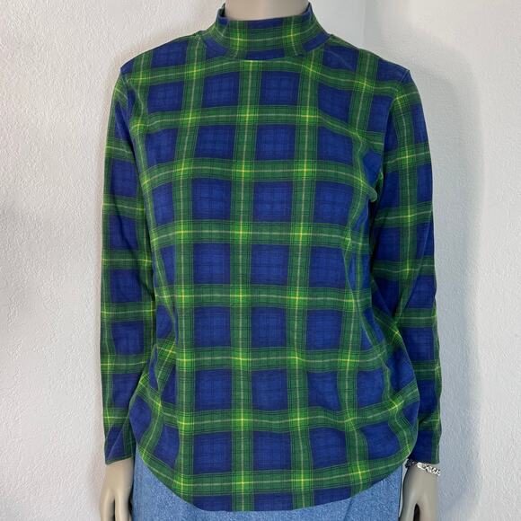 Dark Academica Mock Neck Plaid Long Sleeve Blue and Green Size Large Preppy Fall - Picture 2 of 6